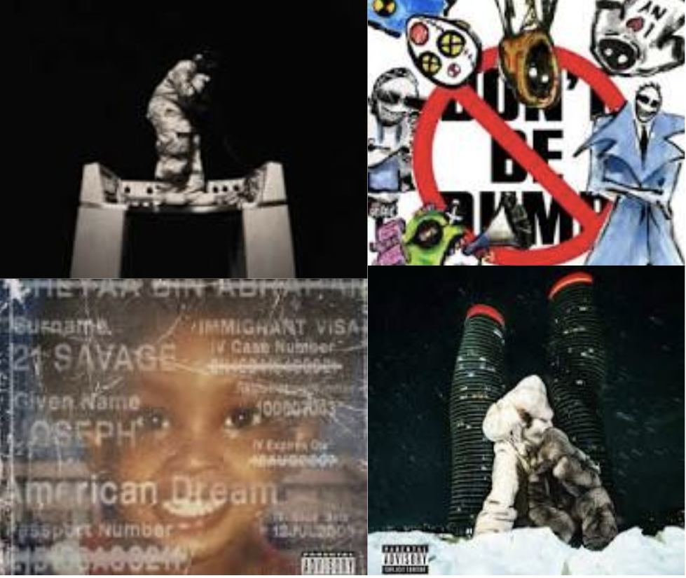 Album covers of Don Toliver’s "Octane," A$AP Rocky’s "Don’t Be Dumb," Drake and PARTYNEXTDOOR’s "$ome $exy $ongs 4 U," and 21 Savage’s "The American Dream" (clockwise from top left). These works reflect a decline in originality among contemporary rap artists.