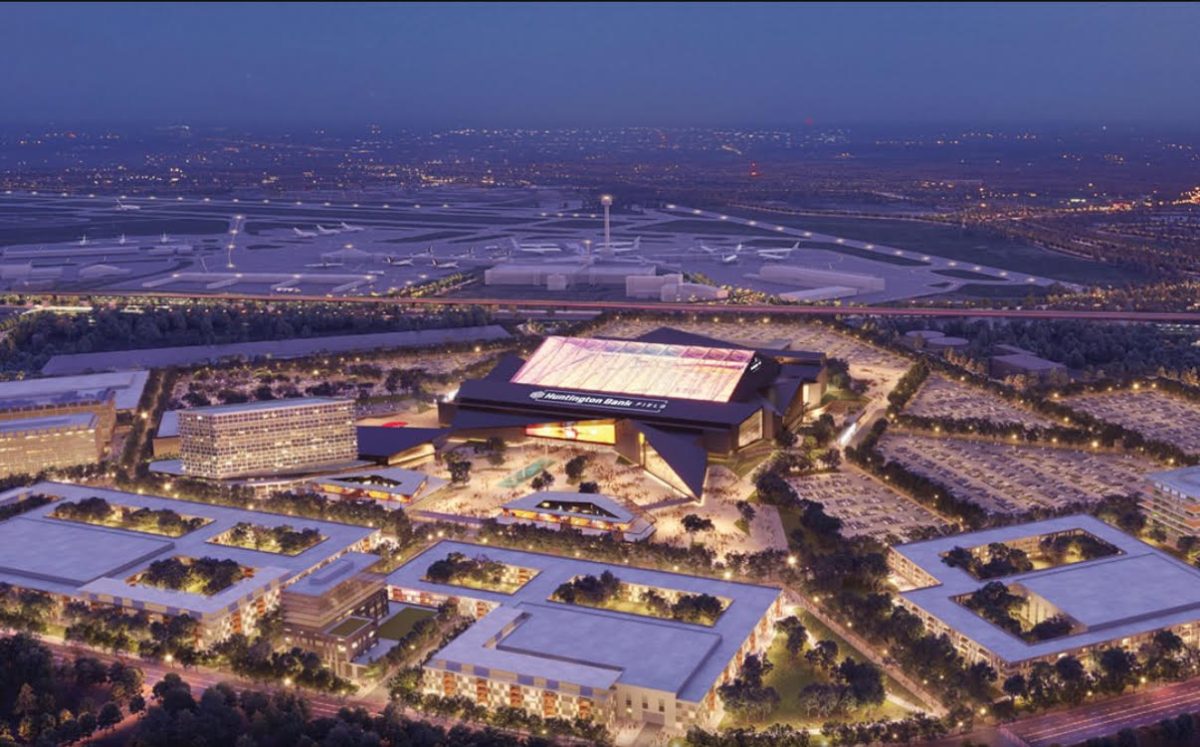 A birds-eye 3D rendering shows the approved $2.4 billion enclosed satdium for the Cleveland Browns in Brook Park.