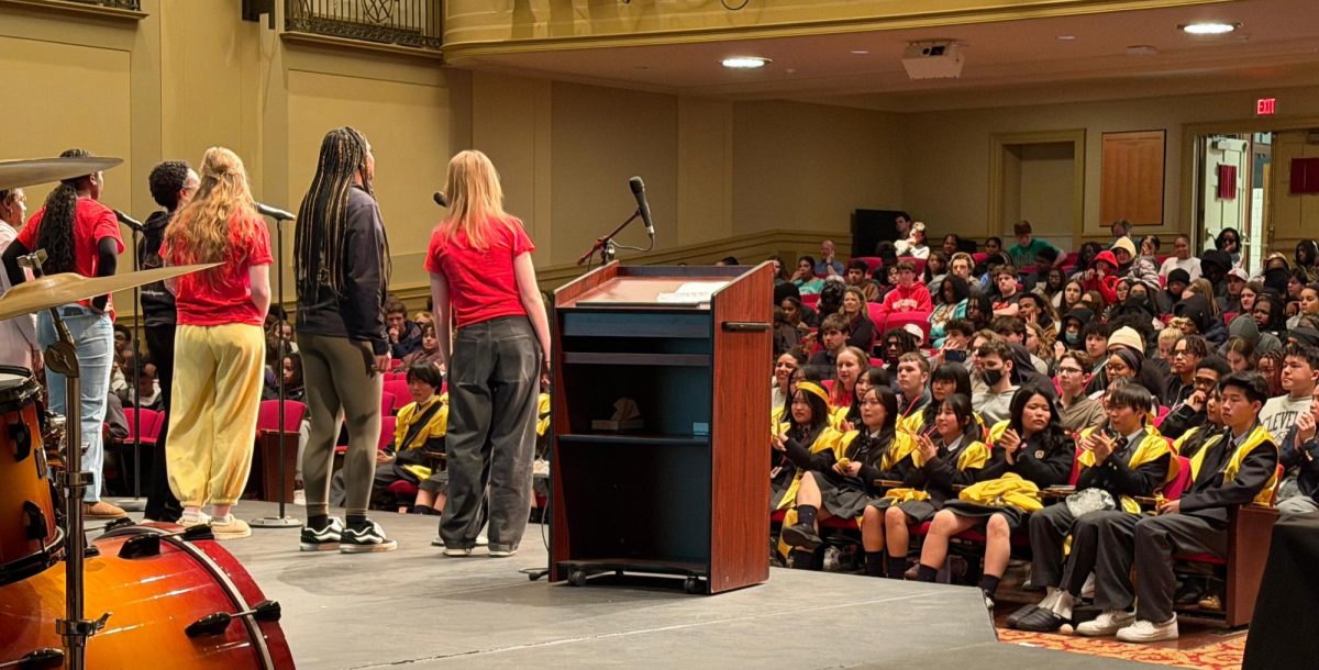 Students perform during the Takatori Welcome Assembly on March 17 during 10th period in the large auditorium. 16 year old exchange student Rea Masui said she liked the assembly and it helped her connect with others. Said Masui, “My favorite thing about the assembly was talking to everyone. I enjoyed it.”