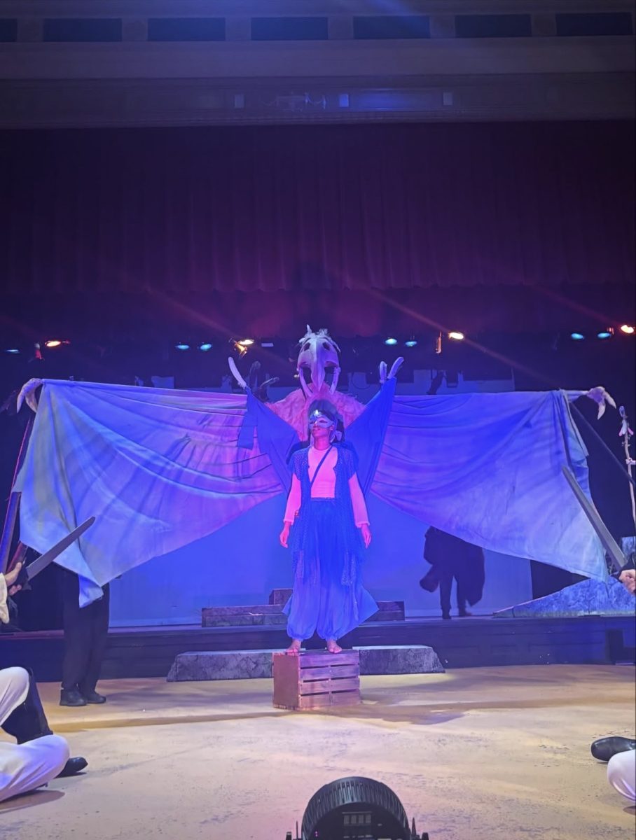 Junior London Atchison, who plays Prospero's servant fairy Ariel, transforms into a massive, winged Harpy.