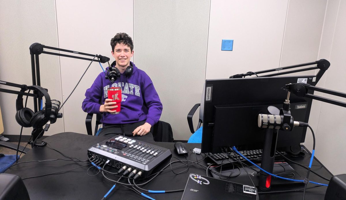 Spotlight Reporter Charlie Howell works on the first Shakerite Podcast since COVID-19 inside of the library’s recording room on March 31. “This new equipment room provides numerous opportunities to Shaker students," Howell said. "Hopefully, students can find a multitude of uses for it.”