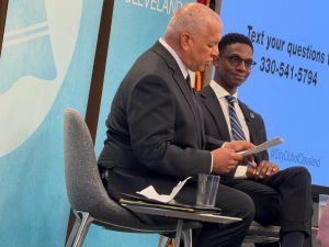 WKYC Managing Editor and news anchor Russ Mitchell leads discussion with Cleveland Mayor Justin Bibb during a May 27 forum at the City Club of Cleveland. 