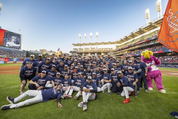 The Cleveland Guardians pose in celebration of their division clinching, 9-8, walk-off defeat of the Texas Rangers, Sept. 28 2025 at Progressive Field. The win marked the end of an historic comeback; the Guardians had trailed the Detroit Tigers by 15.5 games, the largest deficit to be overcome in MLB history.